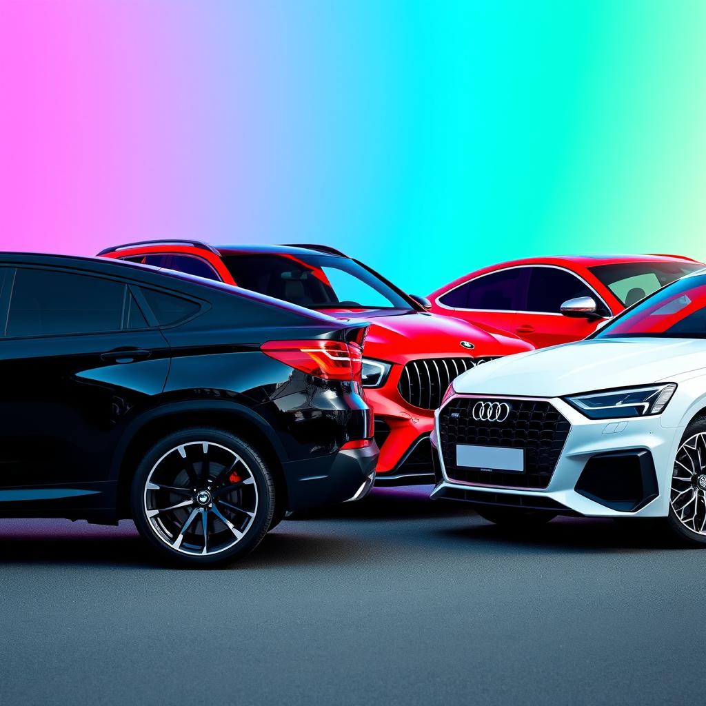 A sleek black BMW X6 parked next to a vibrant red Mercedes AMG Clase A45 and a spotless white Audi Q8