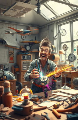 An imaginative scene depicting a futuristic inventor's workshop filled with a variety of whimsical inventions