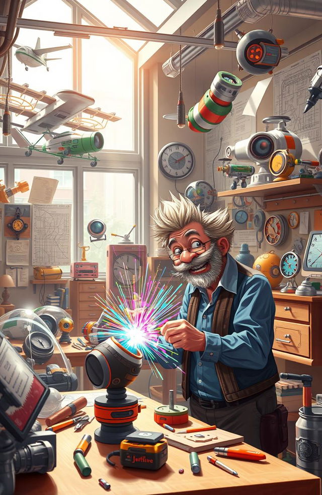 An imaginative scene depicting a futuristic inventor's workshop filled with a variety of whimsical inventions