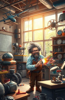 An imaginative scene depicting a futuristic inventor's workshop filled with a variety of whimsical inventions