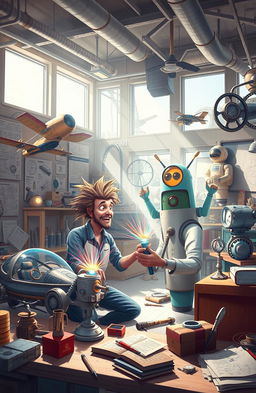 An imaginative scene depicting a futuristic inventor's workshop filled with a variety of whimsical inventions