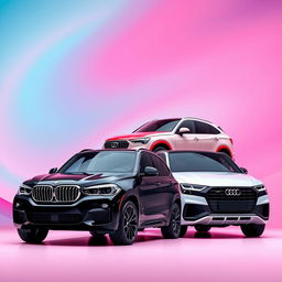 A sleek black BMW X6 positioned prominently next to a striking red Mercedes AMG Clase A45 and a gleaming white Audi Q8