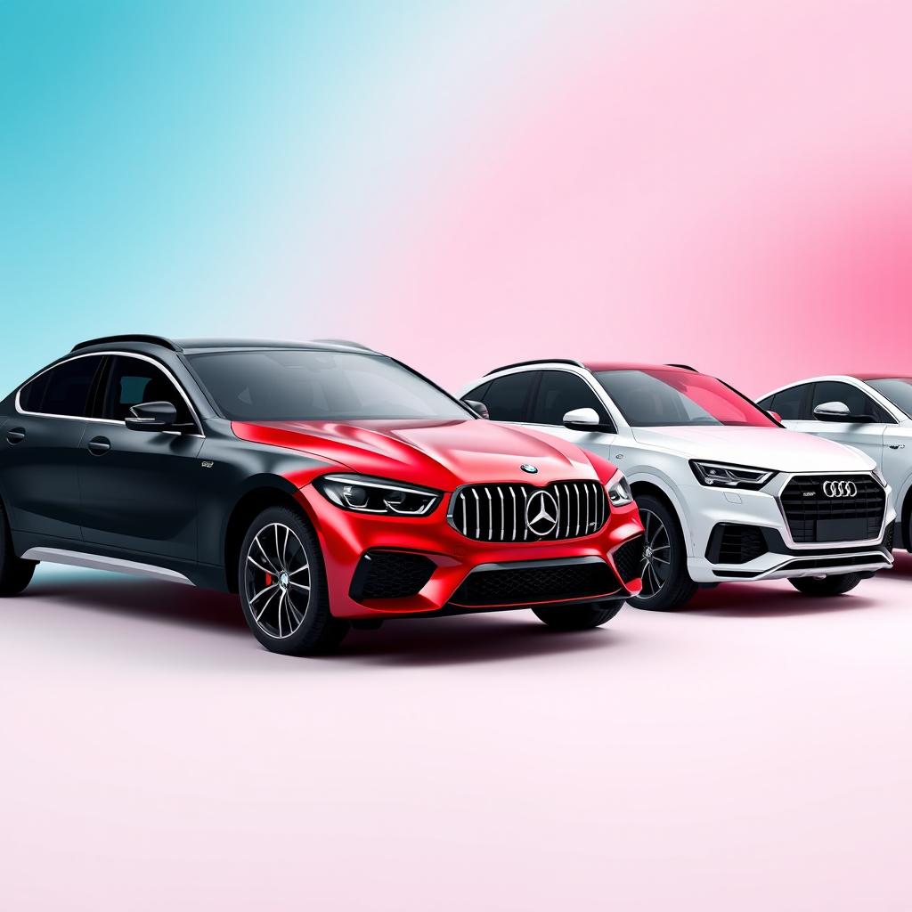 A sleek black BMW X6 positioned prominently next to a striking red Mercedes AMG Clase A45 and a gleaming white Audi Q8