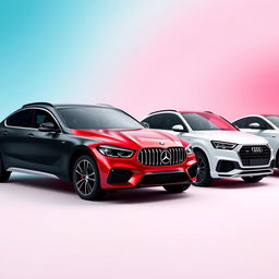 A sleek black BMW X6 positioned prominently next to a striking red Mercedes AMG Clase A45 and a gleaming white Audi Q8