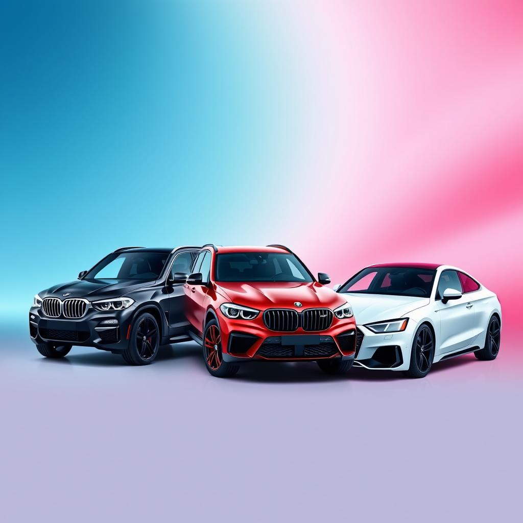 A sleek black BMW X6 positioned prominently next to a striking red Mercedes AMG Clase A45 and a gleaming white Audi Q8