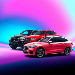 A sleek black BMW X6 positioned prominently next to a striking red Mercedes AMG Clase A45 and a gleaming white Audi Q8