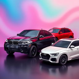 A sleek black BMW X6 elegantly displayed next to a bold red Mercedes AMG Clase A45 and a pristine white Audi Q8