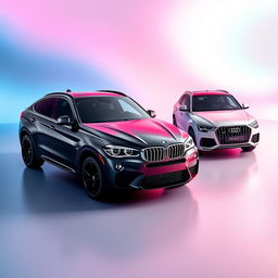 A sleek black BMW X6 elegantly displayed next to a bold red Mercedes AMG Clase A45 and a pristine white Audi Q8