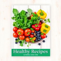 A visually appealing book cover template for a healthy recipes book, featuring a vibrant assortment of fresh vegetables like kale, tomatoes, and bell peppers, artfully arranged in a manner that conveys freshness and vitality