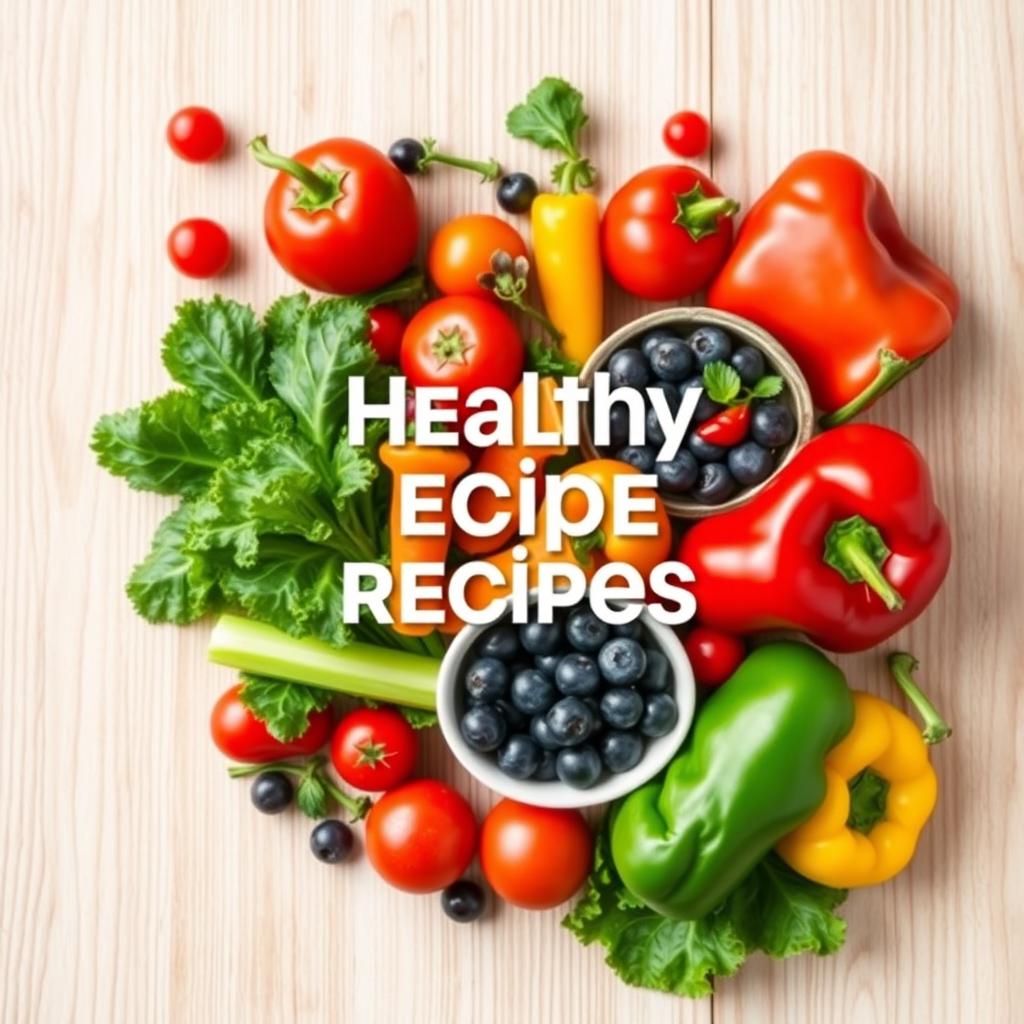 A visually appealing book cover template for a healthy recipes book, featuring a vibrant assortment of fresh vegetables like kale, tomatoes, and bell peppers, artfully arranged in a manner that conveys freshness and vitality