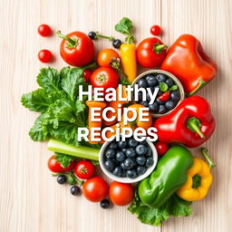 A visually appealing book cover template for a healthy recipes book, featuring a vibrant assortment of fresh vegetables like kale, tomatoes, and bell peppers, artfully arranged in a manner that conveys freshness and vitality