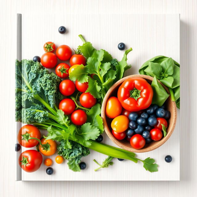 A visually appealing book cover template for a healthy recipes book, featuring a vibrant assortment of fresh vegetables like kale, tomatoes, and bell peppers, artfully arranged in a manner that conveys freshness and vitality