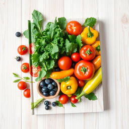 A visually appealing book cover template for a healthy recipes book, featuring a vibrant assortment of fresh vegetables like kale, tomatoes, and bell peppers, artfully arranged in a manner that conveys freshness and vitality