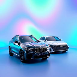 A sleek black BMW X6 alongside a stylish white Audi Q8, showcased against a smooth background inspired by the vibrant colors of the TikTok logo