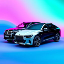 A sleek black BMW X6 alongside a stylish white Audi Q8, showcased against a smooth background inspired by the vibrant colors of the TikTok logo