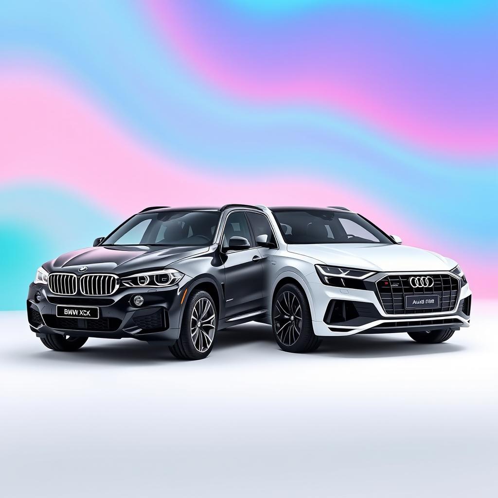 A sleek black BMW X6 alongside a stylish white Audi Q8, showcased against a smooth background inspired by the vibrant colors of the TikTok logo