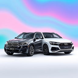 A sleek black BMW X6 alongside a stylish white Audi Q8, showcased against a smooth background inspired by the vibrant colors of the TikTok logo