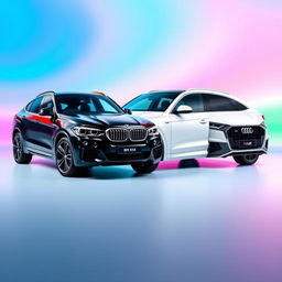 A sleek black BMW X6 alongside a stylish white Audi Q8, showcased against a smooth background inspired by the vibrant colors of the TikTok logo