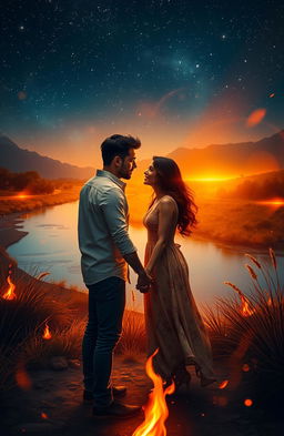 A passionate scene depicting the metaphorical 'fire of love', showcasing a couple holding hands under a starry night sky, surrounded by shimmering flames that symbolize their deep connection