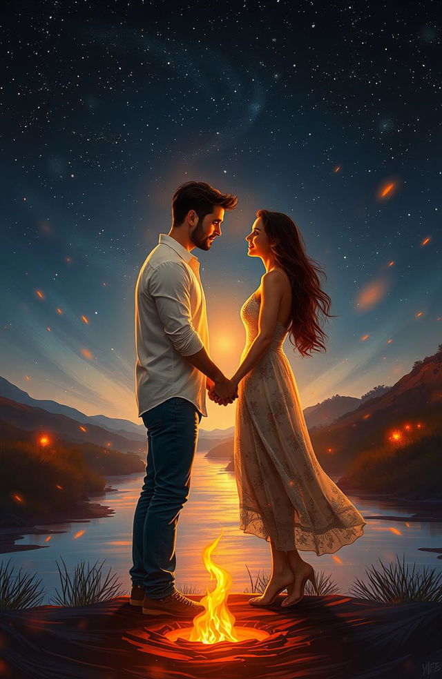 A passionate scene depicting the metaphorical 'fire of love', showcasing a couple holding hands under a starry night sky, surrounded by shimmering flames that symbolize their deep connection