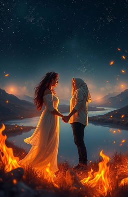 A passionate scene depicting the metaphorical 'fire of love', showcasing a couple holding hands under a starry night sky, surrounded by shimmering flames that symbolize their deep connection