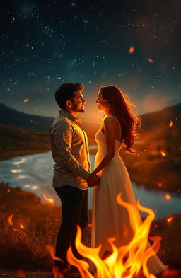 A passionate scene depicting the metaphorical 'fire of love', showcasing a couple holding hands under a starry night sky, surrounded by shimmering flames that symbolize their deep connection