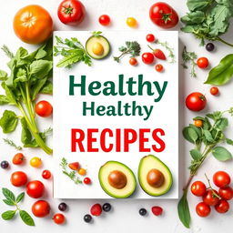 A beautifully designed book cover template for a healthy recipes book, featuring a vibrant and colorful arrangement of fresh fruits, vegetables, and herbs