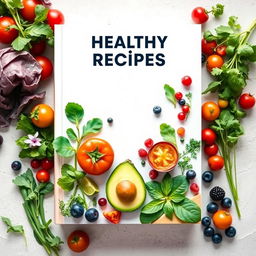 A beautifully designed book cover template for a healthy recipes book, featuring a vibrant and colorful arrangement of fresh fruits, vegetables, and herbs