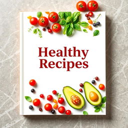 A beautifully designed book cover template for a healthy recipes book, featuring a vibrant and colorful arrangement of fresh fruits, vegetables, and herbs