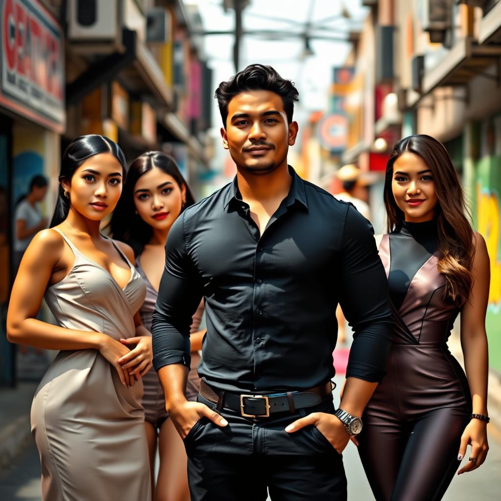 A handsome, muscular Indonesian man with mixed Turkish heritage, standing confidently in a vibrant urban setting