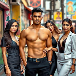 A handsome, muscular Indonesian man with mixed Turkish heritage, standing confidently in a vibrant urban setting