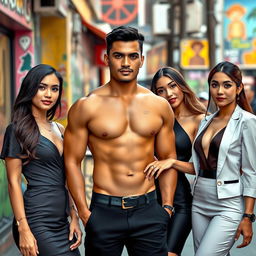 A handsome, muscular Indonesian man with mixed Turkish heritage, standing confidently in a vibrant urban setting