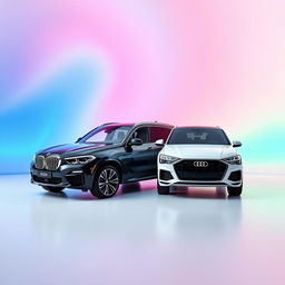 A sleek black BMW X6 and a stylish white Audi Q8 positioned in a peer-to-peer arrangement, showcasing their stunning designs