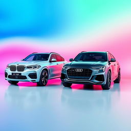 A sleek black BMW X6 and a stylish white Audi Q8 positioned in a peer-to-peer arrangement, showcasing their stunning designs