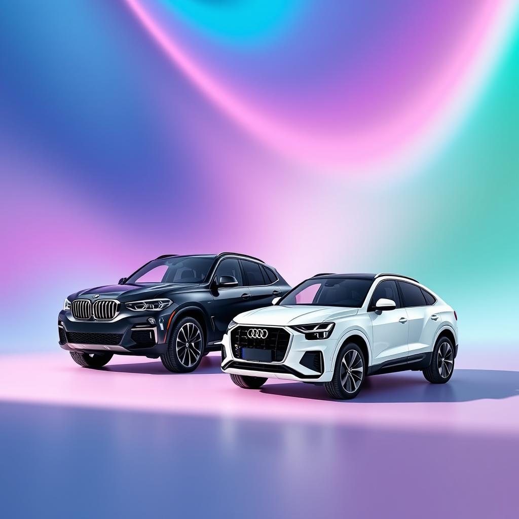 A sleek black BMW X6 and a stylish white Audi Q8 positioned in a peer-to-peer arrangement, showcasing their stunning designs