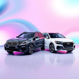 A sleek black BMW X6 and a stylish white Audi Q8 positioned in a peer-to-peer arrangement, showcasing their stunning designs