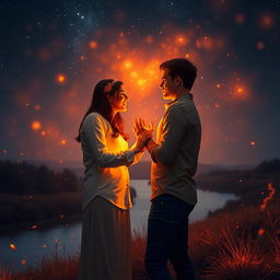 A passionate scene depicting the metaphorical 'fire of love', showcasing a couple holding hands under a starry night sky, surrounded by shimmering flames that symbolize their deep connection