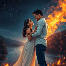 A passionate scene depicting the metaphorical 'fire of love', showcasing a couple holding hands under a starry night sky, surrounded by shimmering flames that symbolize their deep connection