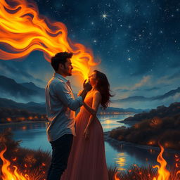 A passionate scene depicting the metaphorical 'fire of love', showcasing a couple holding hands under a starry night sky, surrounded by shimmering flames that symbolize their deep connection