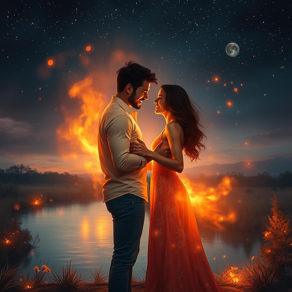 A passionate scene depicting the metaphorical 'fire of love', showcasing a couple holding hands under a starry night sky, surrounded by shimmering flames that symbolize their deep connection