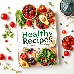 A vibrant and inviting book cover for a healthy recipes book, featuring a beautifully arranged selection of colorful fruits, vegetables, and grains