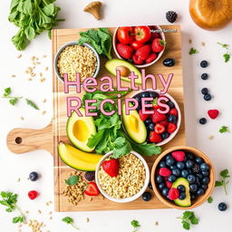 A vibrant and inviting book cover for a healthy recipes book, featuring a beautifully arranged selection of colorful fruits, vegetables, and grains