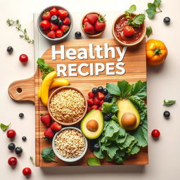 A vibrant and inviting book cover for a healthy recipes book, featuring a beautifully arranged selection of colorful fruits, vegetables, and grains