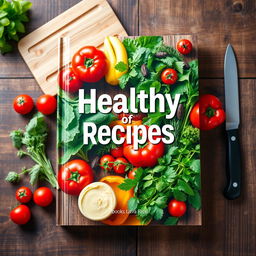 A visually appealing book cover design for a healthy recipes book, featuring a vibrant, colorful arrangement of fresh ingredients like leafy greens, ripe tomatoes, bright bell peppers, and a variety of herbs