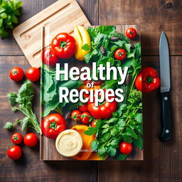 A visually appealing book cover design for a healthy recipes book, featuring a vibrant, colorful arrangement of fresh ingredients like leafy greens, ripe tomatoes, bright bell peppers, and a variety of herbs