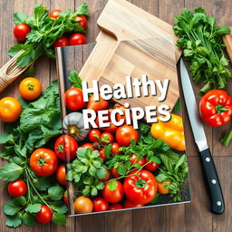 A visually appealing book cover design for a healthy recipes book, featuring a vibrant, colorful arrangement of fresh ingredients like leafy greens, ripe tomatoes, bright bell peppers, and a variety of herbs