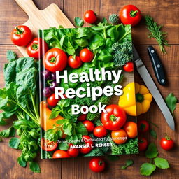 A visually appealing book cover design for a healthy recipes book, featuring a vibrant, colorful arrangement of fresh ingredients like leafy greens, ripe tomatoes, bright bell peppers, and a variety of herbs