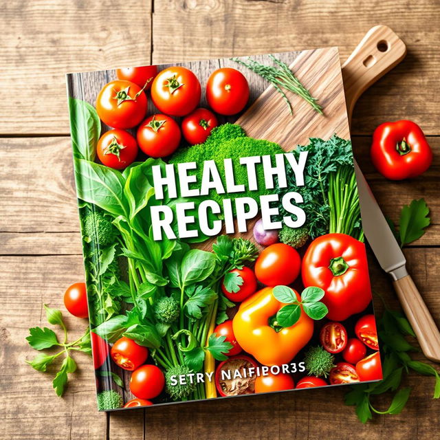 A visually appealing book cover design for a healthy recipes book, featuring a vibrant, colorful arrangement of fresh ingredients like leafy greens, ripe tomatoes, bright bell peppers, and a variety of herbs