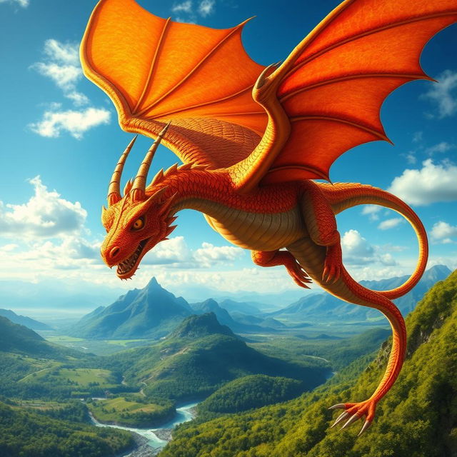 A majestic cinnamon-colored dragon soaring through the sky, with shimmering scales that catch the sunlight