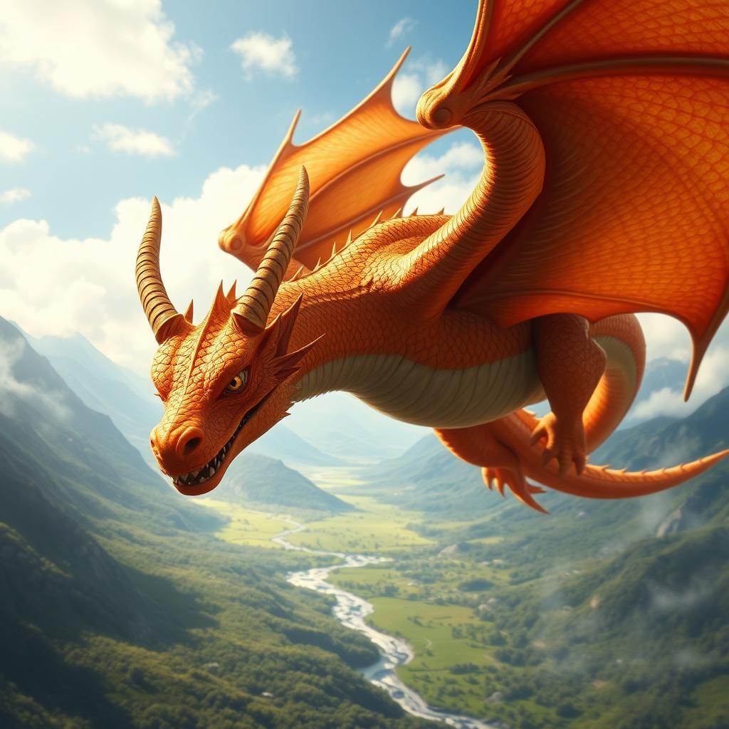 A majestic cinnamon-colored dragon soaring through the sky, with shimmering scales that catch the sunlight